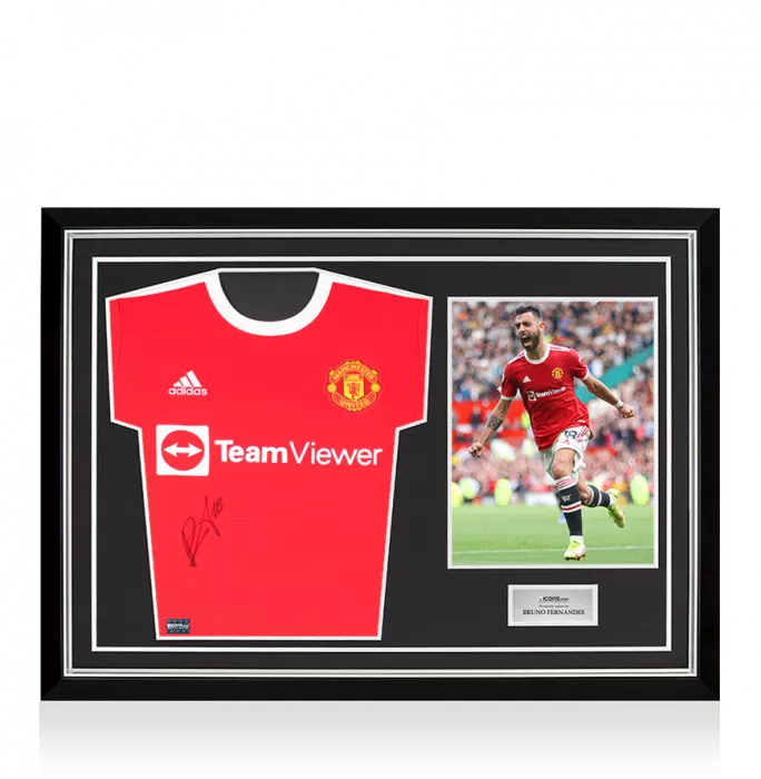Bruno Fernandes Front Signed Manchester United 2021-22 Home Shirt In Hero Frame: Option 1
