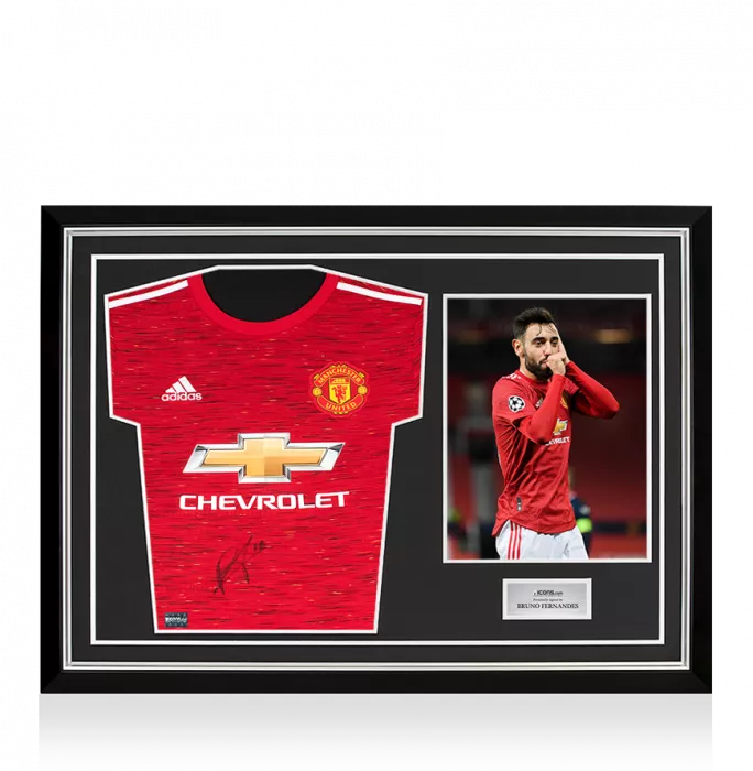 Bruno Fernandes Front Signed Manchester United 2020-21 Home Shirt In Hero Frame: Option 1