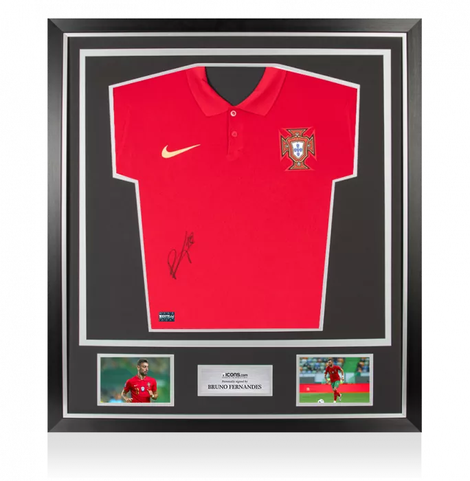 Bruno Fernandes Front Signed Portugal 2020-21 Home Shirt In Classic Frame