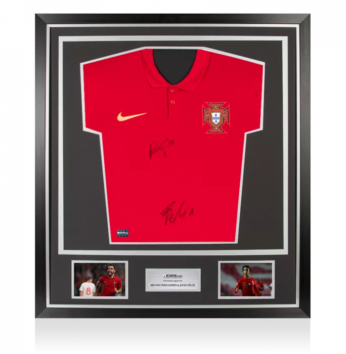 Bruno Fernandes & Joao Felix Signed Portugal 2020-21 Home Shirt: Fernandes "18" Edition In Classic Frame