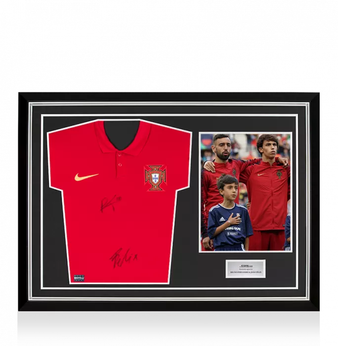 Bruno Fernandes & Joao Felix Signed Portugal 2020-21 Home Shirt: Fernandes "18" Edition In Hero Frame: Option 1