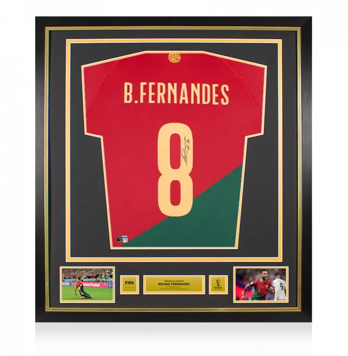Bruno Fernandes Official 2022 FIFA World Cup™ Back Signed and Framed Portugal 2022-23 Home Shirt With Fan Style Numbers
