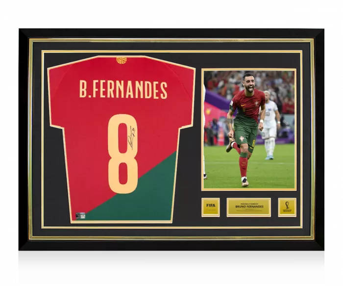 Bruno Fernandes Official 2022 FIFA World Cup™ Back Signed and Hero Framed Portugal 2022-23 Home Shirt With Fan Style Numbers