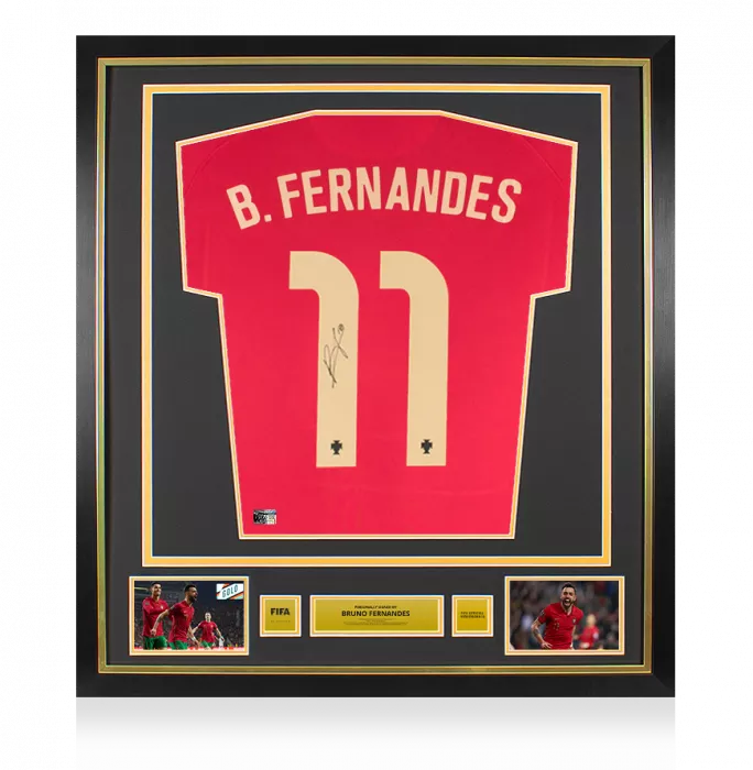 Bruno Fernandes Official FIFA World Cup™ Back Signed and Framed Portugal 2020-21 Home Shirt