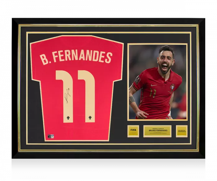 Bruno Fernandes Official FIFA World Cup™ Back Signed and Hero Framed Portugal 2020-21 Home Shirt
