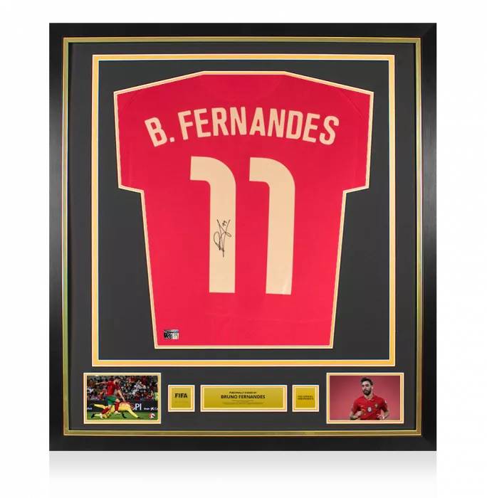Bruno Fernandes Official FIFA World Cup™ Signed and Framed Portugal 2020-21 Home Shirt With Fan Style Numbers