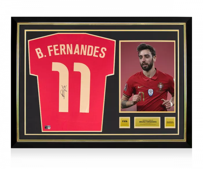Bruno Fernandes Official FIFA World Cup™ Signed and Hero Framed Portugal 2020-21 Home Shirt With Fan Style Numbers