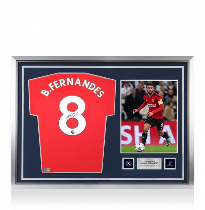 Bruno Fernandes Official UEFA Champions League Back Signed and Hero Framed Manchester United 2022-23 Home Shirt