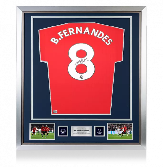 Bruno Fernandes Official UEFA Champions League Back Signed and Framed Manchester United 2022-23 Home Shirt