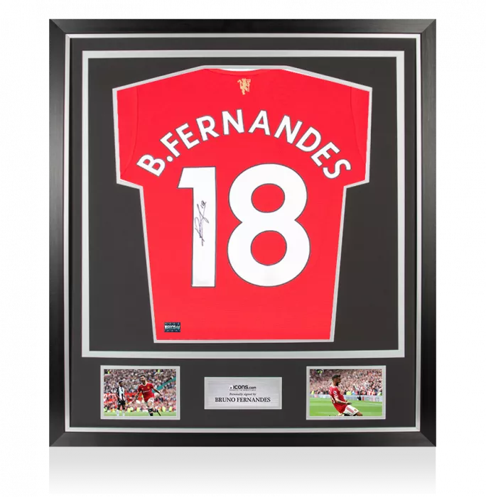 Bruno Fernandes Signed Manchester United 2021-22 Home Shirt With Fan Style Numbers In Classic Frame
