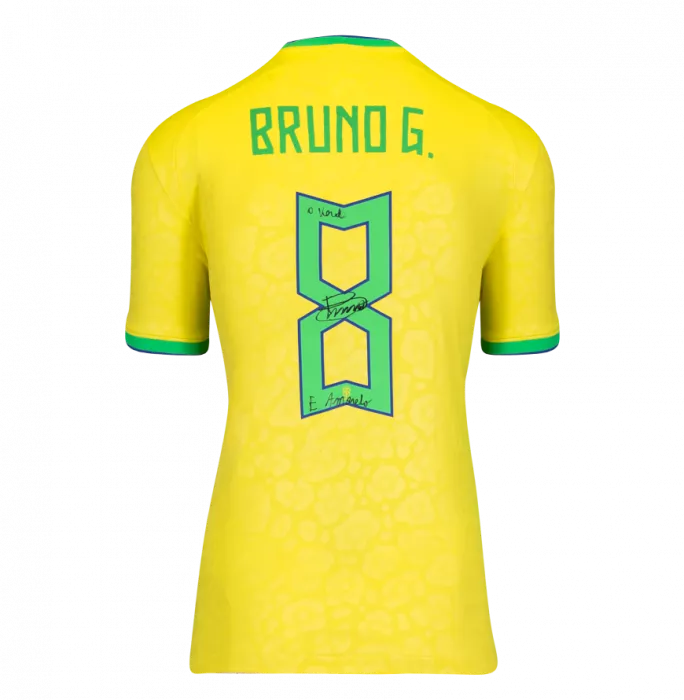 Bruno Guimarães Back Signed Brazil 2022 Home Shirt - O Verde E Amanelo Inscription In Hero Frame: Option 1