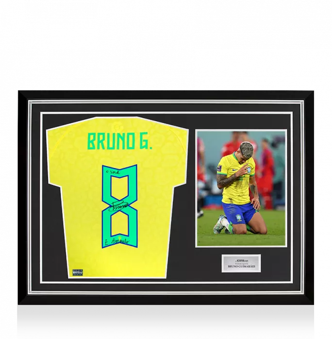 Bruno Guimarães Back Signed Brazil 2022 Home Shirt - O Verde E Amanelo Inscription In Hero Frame: Option 1