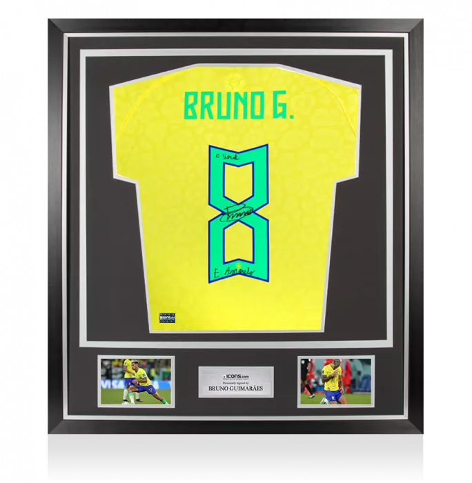 Bruno Guimarães Back Signed Brazil 2022 Home Shirt - O Verde E Amanelo Inscription In Classic Frame