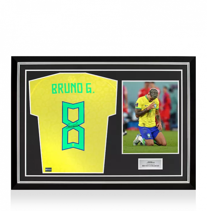 Bruno Guimarães Back Signed Brazil 2022 Home Shirt In Hero Frame: Option 1