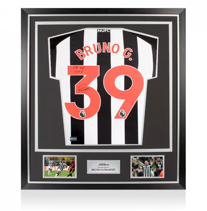 Bruno Guimarães Back Signed Newcastle United 2023-24 Home Shirt - Up The Toon Inscription In Classic Frame