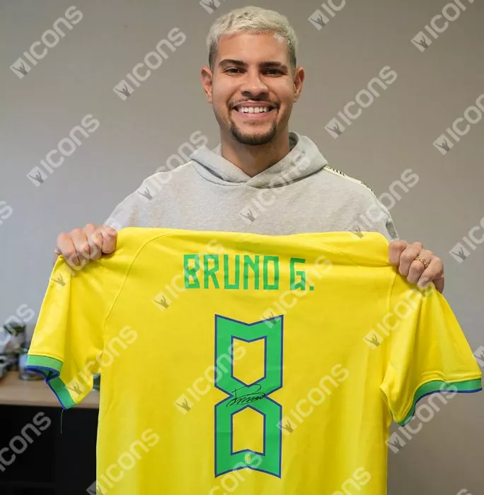 Bruno Guimaraes Official 2026 FIFA World Cup™ Back Signed And Framed Brazil 2022 Home Shirt