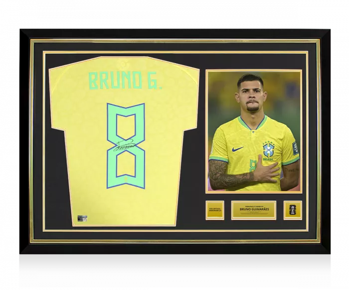 Bruno Guimaraes Official 2026 FIFA World Cup™ Back Signed and Hero Framed Brazil 2022 Home Shirt