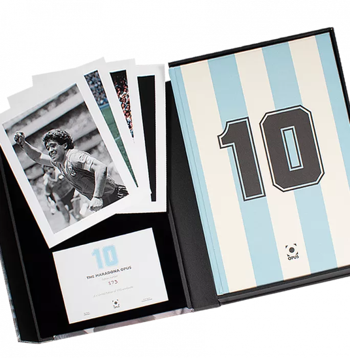 BUNDLE Diego Maradona Signed Argentina 1986 Home Shirt In Classic Frame & Limited Edition Opus Book