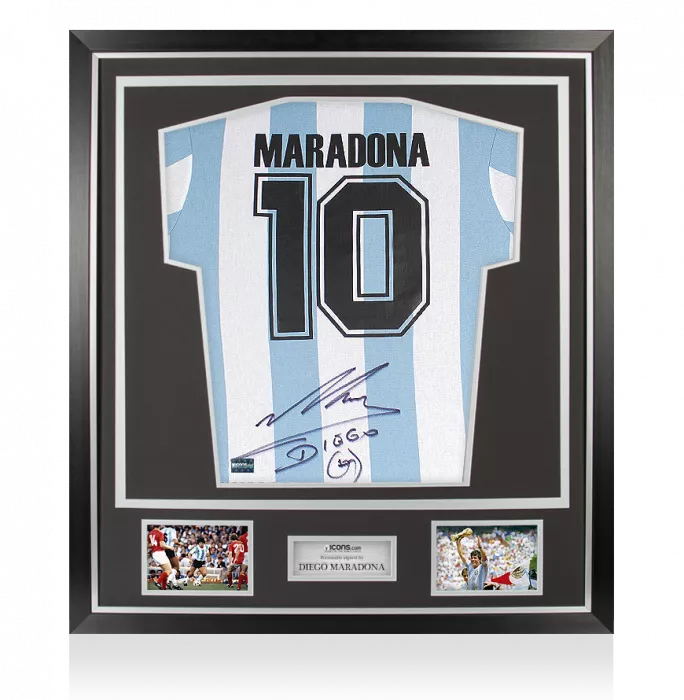 BUNDLE Diego Maradona Signed Argentina 1986 Home Shirt In Classic Frame & Limited Edition Opus Book