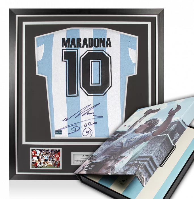 BUNDLE Diego Maradona Signed Argentina 1986 Home Shirt In Classic Frame & Limited Edition Opus Book