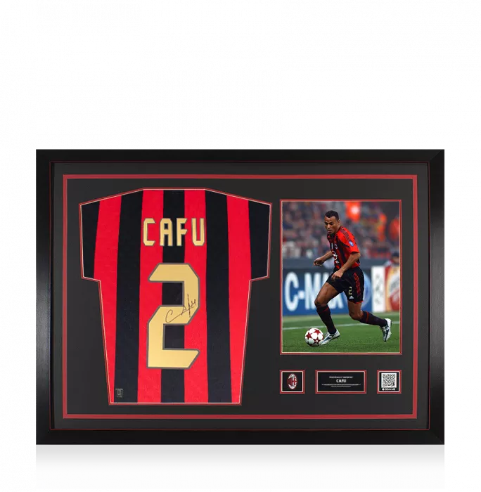 Cafu Back Official AC Milan Signed and Framed 1995-96 Home Shirt With Fan Style Number
