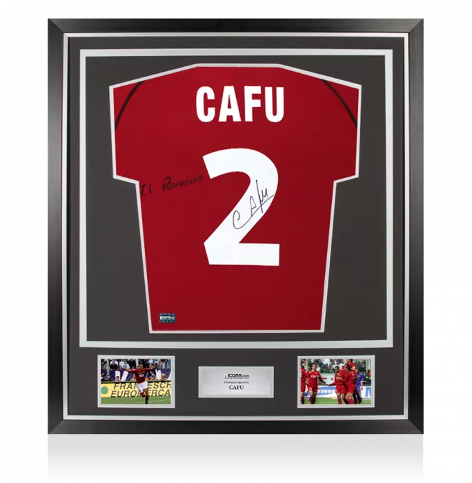 Cafu Back Signed AS Roma 2002-03 Home Shirt - Il Pendolino Inscription In Classic Frame