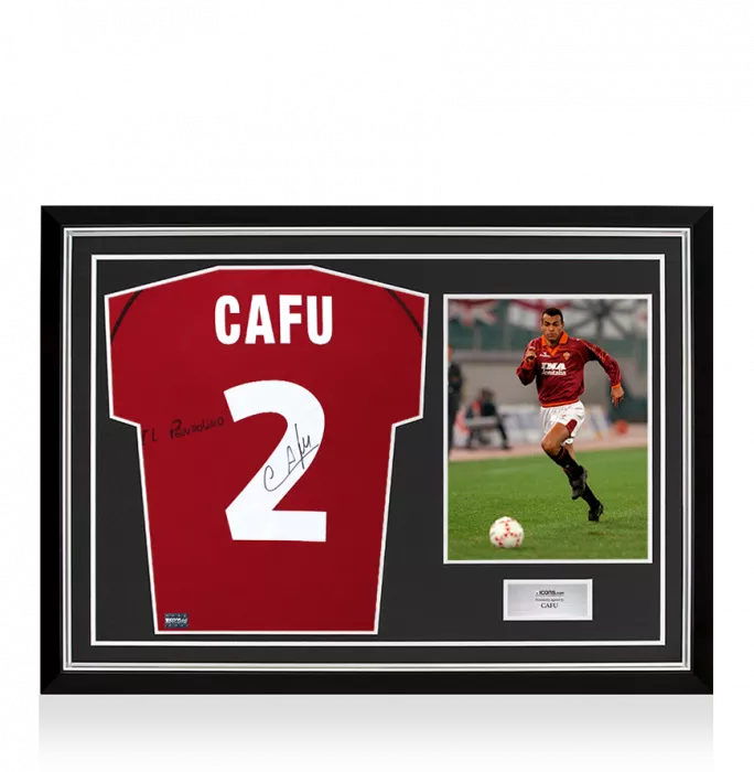 Cafu Back Signed AS Roma 2002-03 Home Shirt - Il Pendolino Inscription In Hero Frame: Option 1