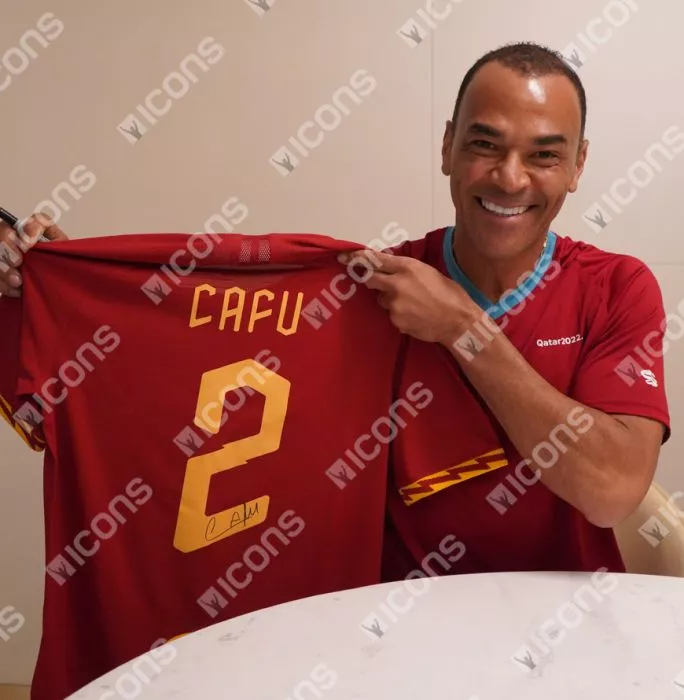 Cafu Back Signed Modern AS Roma Home Shirt In Classic Frame
