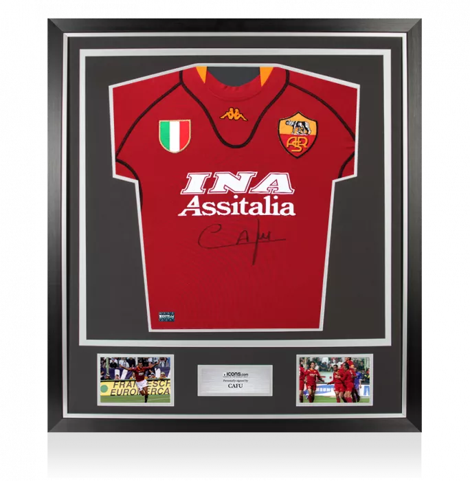 Cafu Front Signed AS Roma 2001-02 Home Shirt In Classic Frame