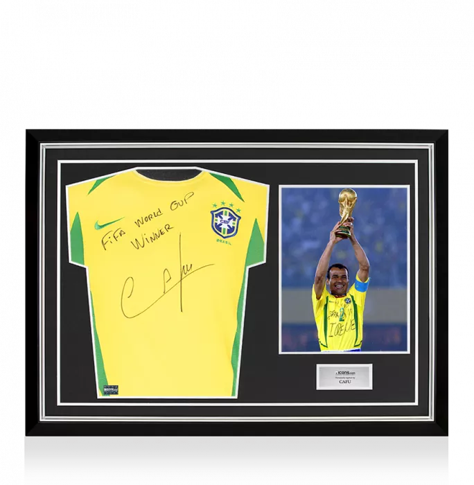 Cafu Front Signed Brazil 2002 Home Shirt - "FIFA World Cup Winner" Inscription In Hero Frame: Option 1