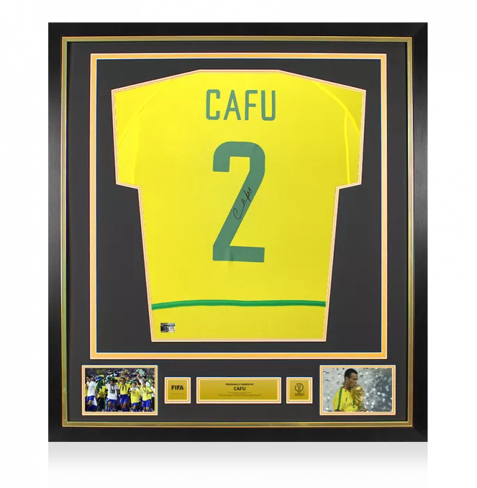 Cafu Official 2002 FIFA World Cup™ Back Signed And Framed Brazil 2002-04 Home Shirt