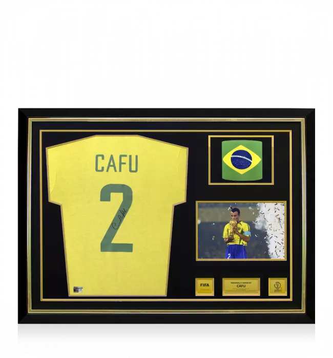 Cafu Official 2002 FIFA World Cup™ Back Signed and Hero Framed Brazil Retro Shirt: 2002 FIFA World Cup Winning Captain Edition