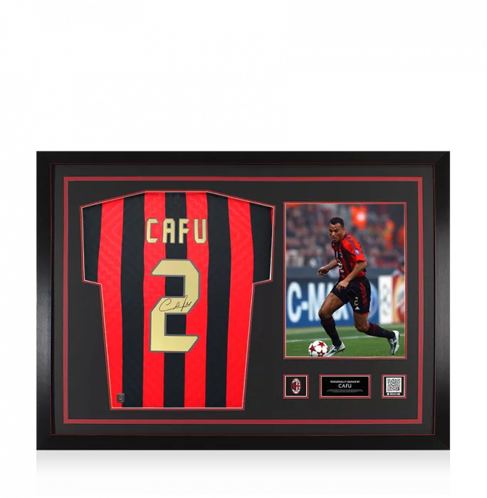 Cafu Official AC Milan Back Signed and Framed Retro Home Shirt With Fan Style Number