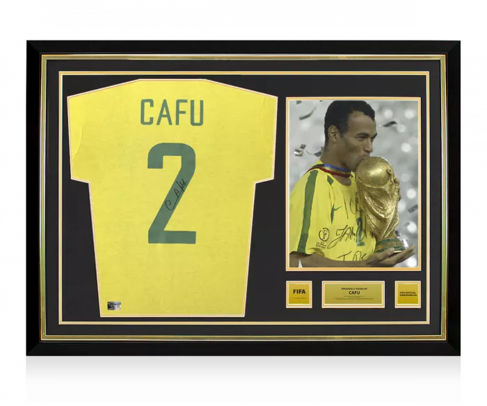 Cafu Official FIFA World Cup™ Back Signed and Hero Framed Brazil Retro Shirt