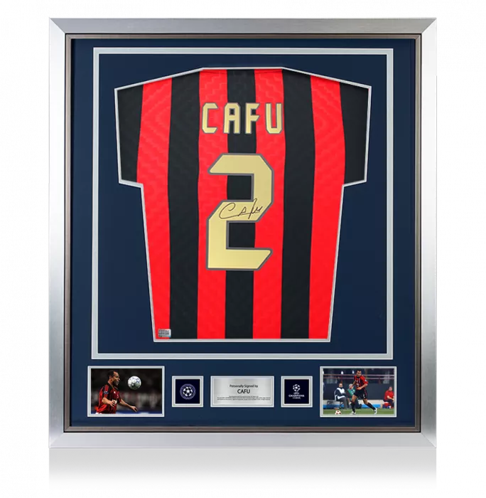 Cafu Official UEFA Champions League Back Signed and Framed AC Milan Retro Home Shirt