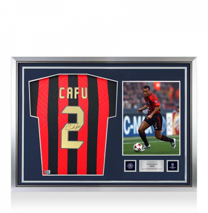 Cafu Official UEFA Champions League Back Signed and Hero Framed AC Milan Retro Home Shirt With Fan Style Number