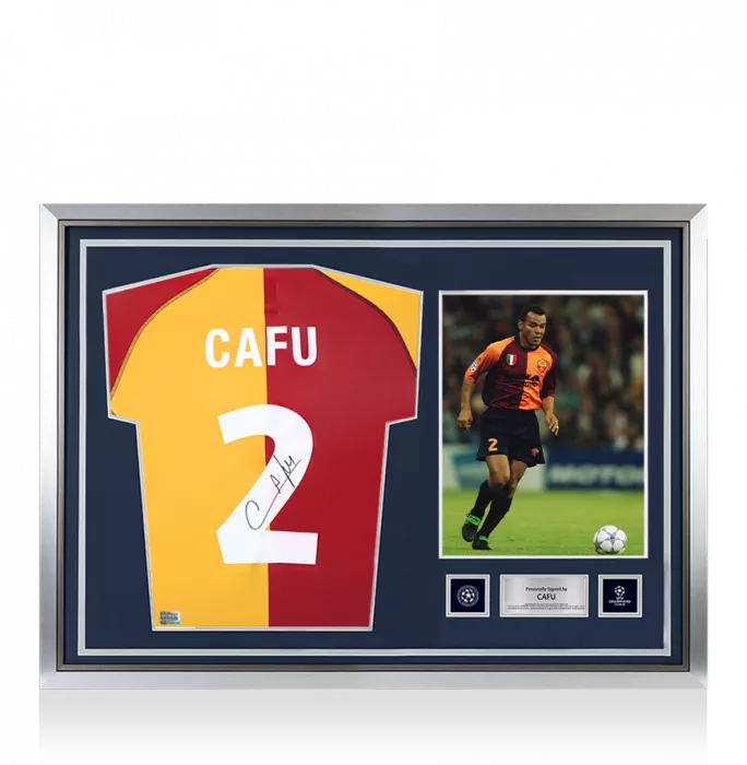 Cafu Official UEFA Champions League Back Signed and Hero Framed AS Roma 2001-02 Shirt