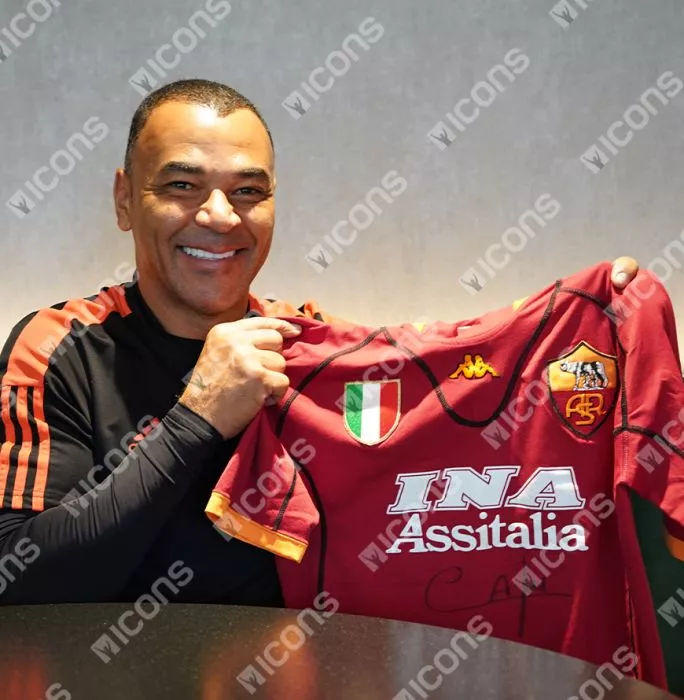 Cafu Official UEFA Champions League Front Signed And Hero Framed AS Roma 2001-02 Home Shirt