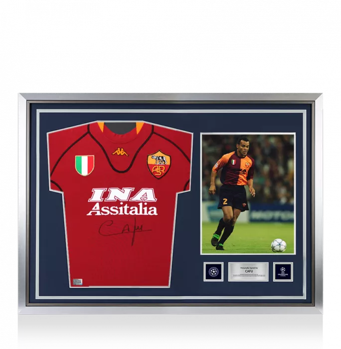 Cafu Official UEFA Champions League Front Signed And Hero Framed AS Roma 2001-02 Home Shirt