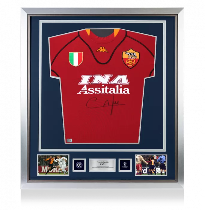 Cafu Official UEFA Champions League Front Signed and Framed AS Roma 2001-02 Home Shirt