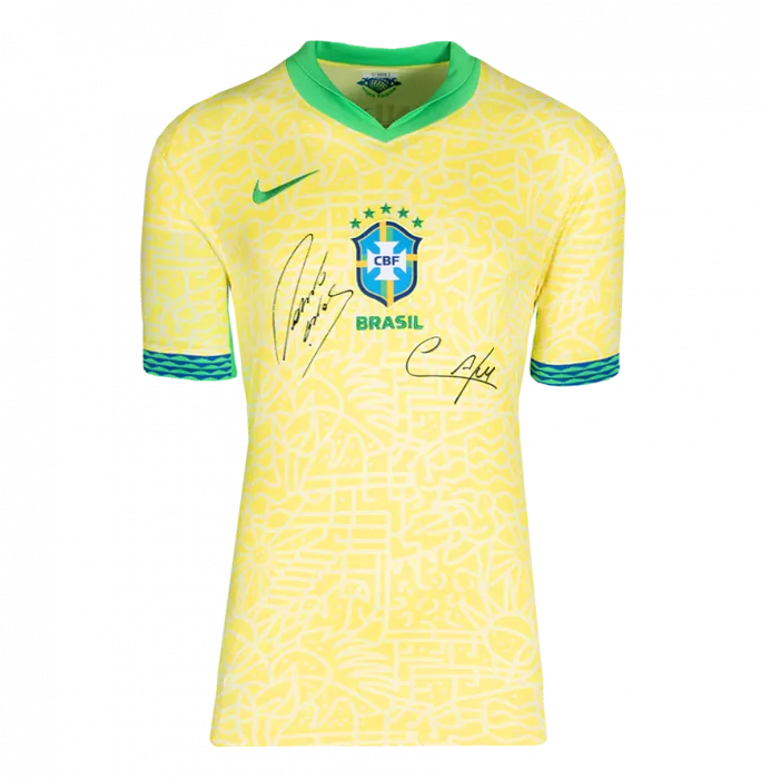 Cafu & Roberto Carlos Front Dual Signed Brazil 2024 Home Shirt In Hero Frame: Option 1