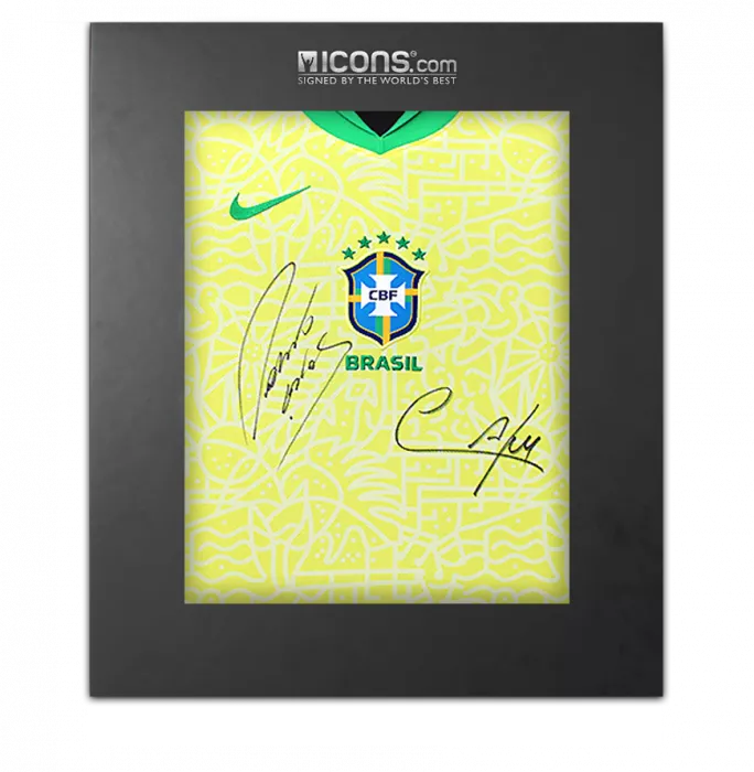 Cafu & Roberto Carlos Front Dual Signed Brazil 2024 Home Shirt In Deluxe Packaging