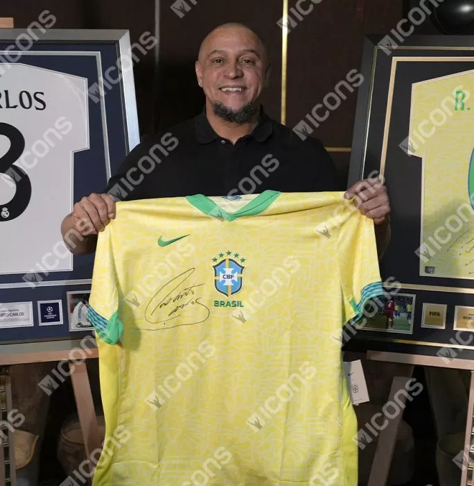 Cafu & Roberto Carlos Front Dual Signed Brazil 2024 Home Shirt In Classic Frame