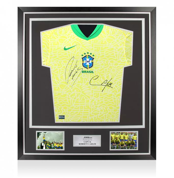 Cafu & Roberto Carlos Front Dual Signed Brazil 2024 Home Shirt In Classic Frame