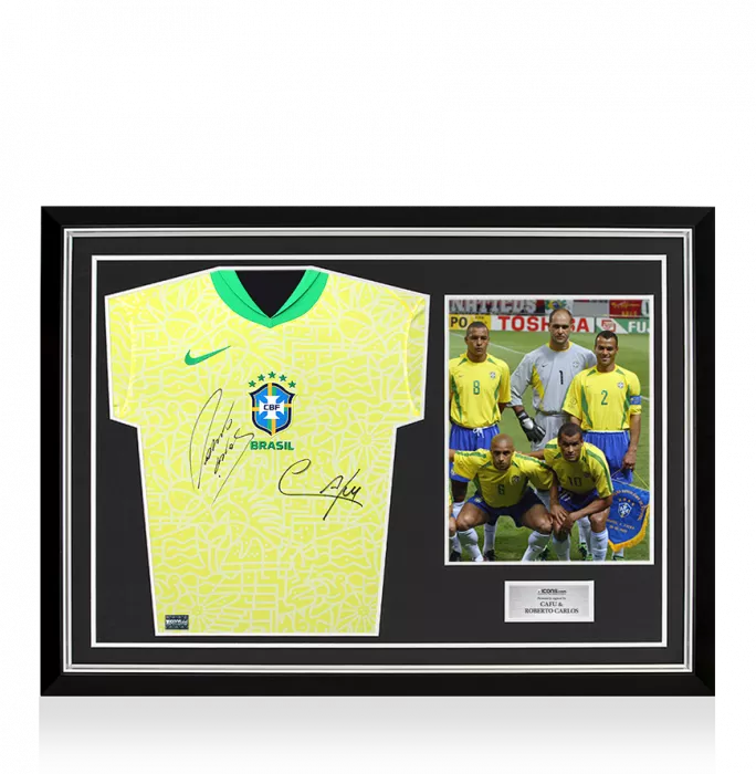 Cafu & Roberto Carlos Front Dual Signed Brazil 2024 Home Shirt In Hero Frame: Option 1