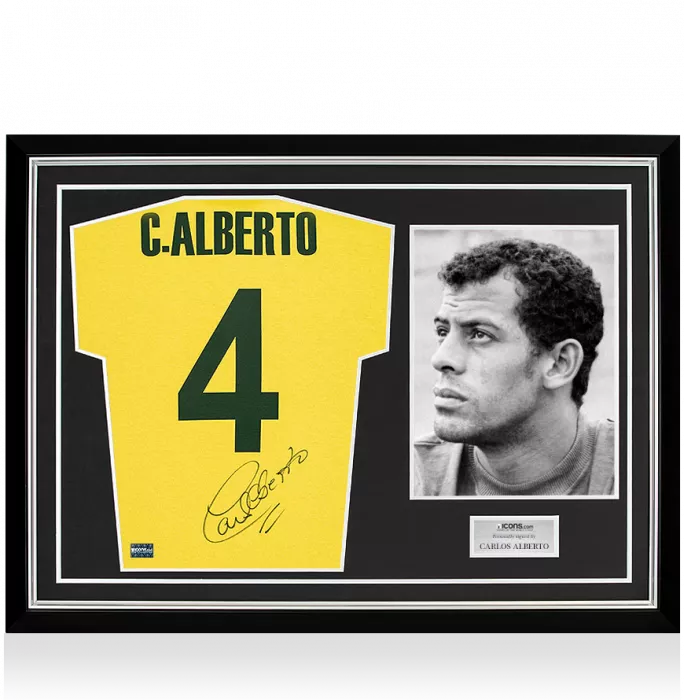 Carlos Alberto Back Signed Retro Brazil Home Shirt In Hero Frame: Option 1