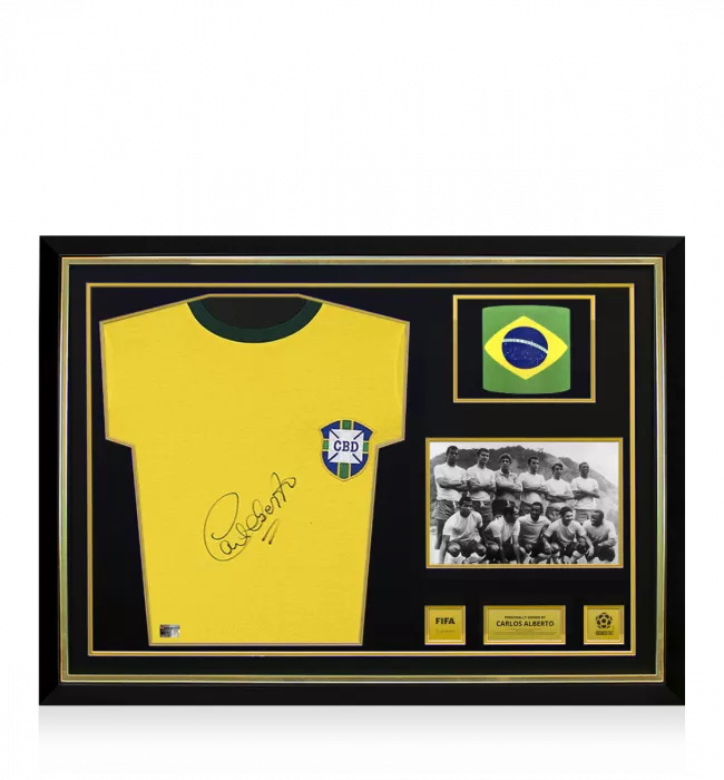Carlos Alberto Official 1970 FIFA World Cup™ Front Signed and Hero Framed Brazil Home Shirt: 1970 FIFA World Cup Winning Captain Edition