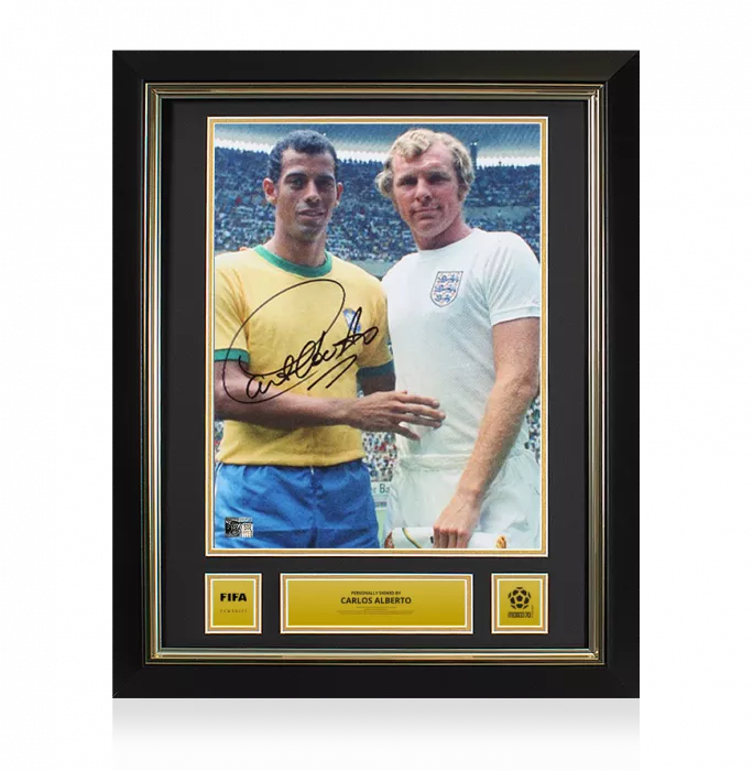 Carlos Alberto Official 1970 FIFA World Cup™ Signed and Framed Brazil Photo: Meeting With Bobby Moore