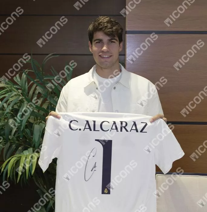 Carlos Alcaraz Back Signed Real Madrid 2024-25 Home Shirt In Hero Frame: Option 1