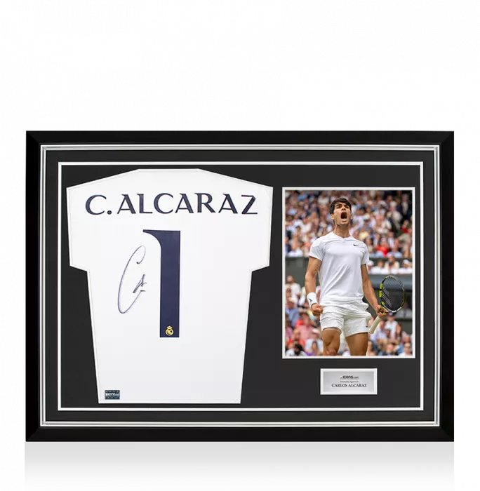 Carlos Alcaraz Back Signed Real Madrid 2024-25 Home Shirt In Hero Frame: Option 1